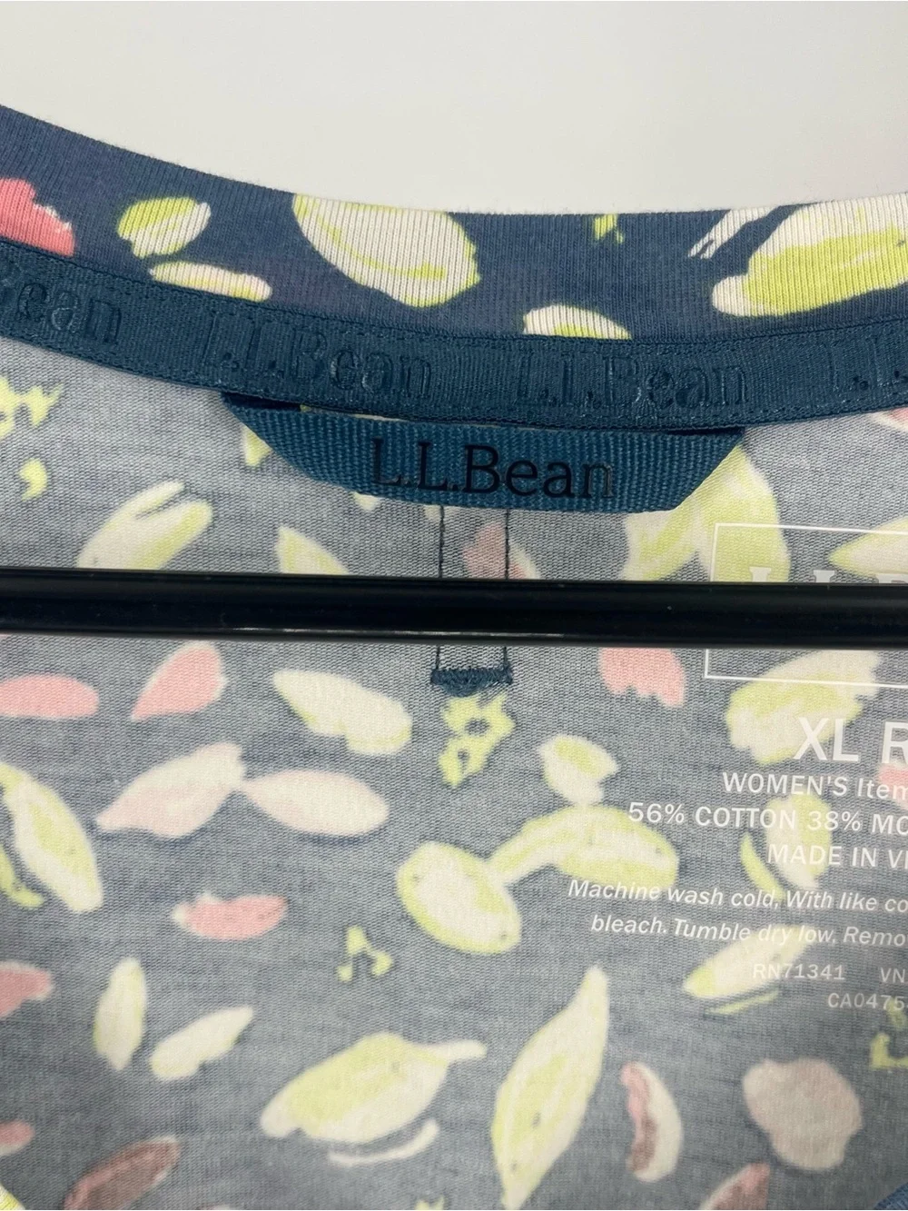 L.L. Bean Navy V-Neck Cap-Sleeve Top with Pink and Lime Leaf Print